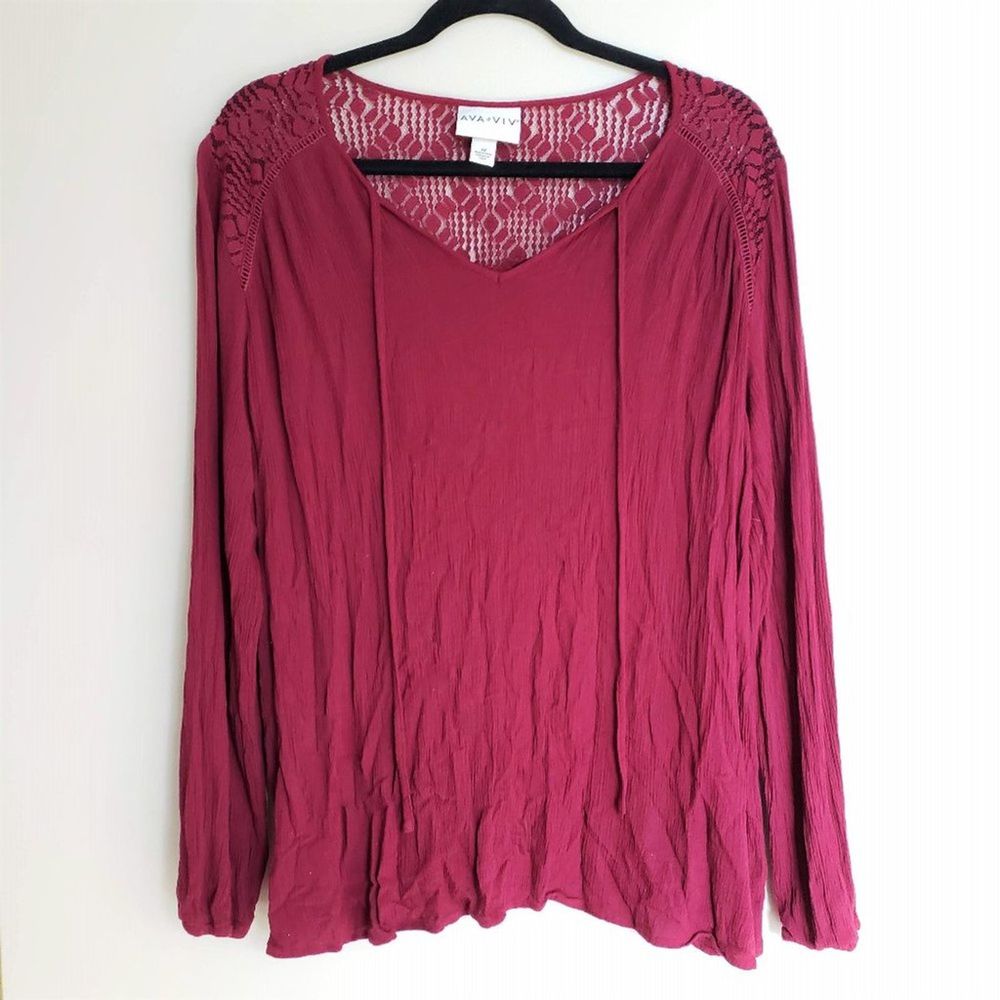 Ava & Viv Textured Peasant Blouse Long Sleeve Lace Shirt Top